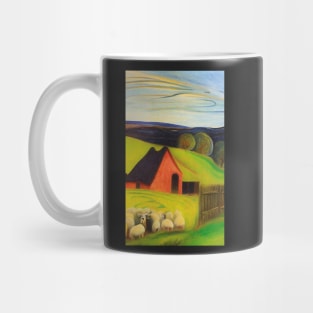 Colourful oil painting of a farm with sheep Mug